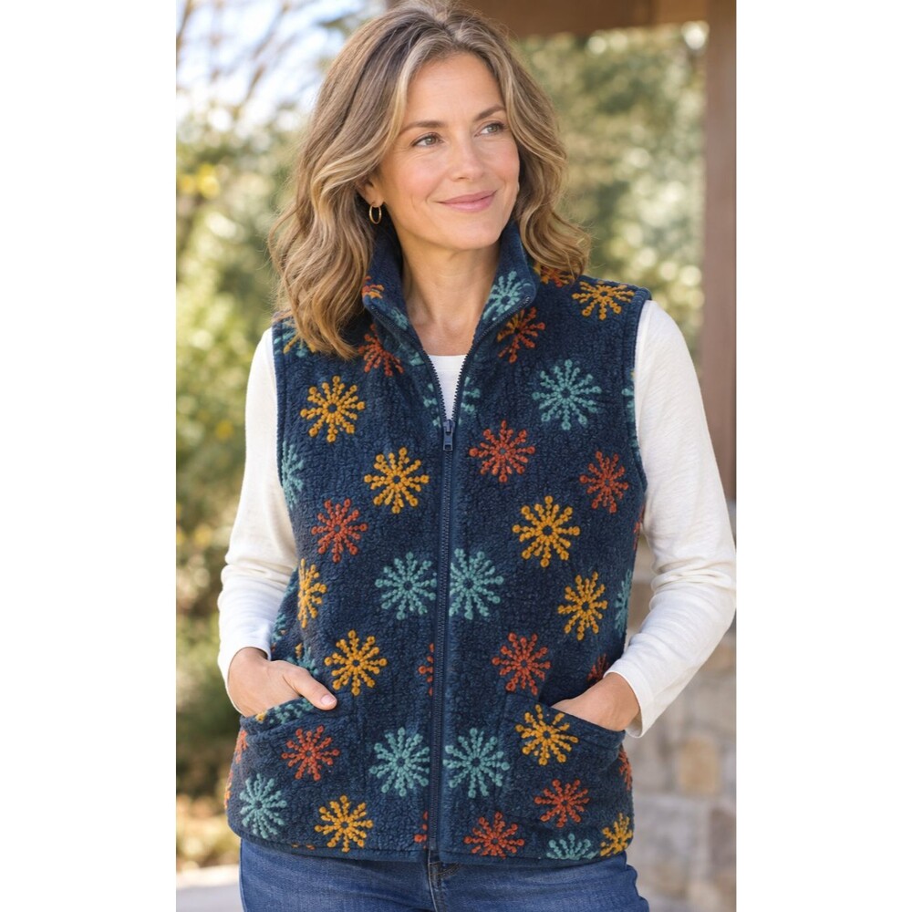 Orvis Women's Floral Snowflake Fleece Vest XL Blue Full Zip, 2 POCKETS